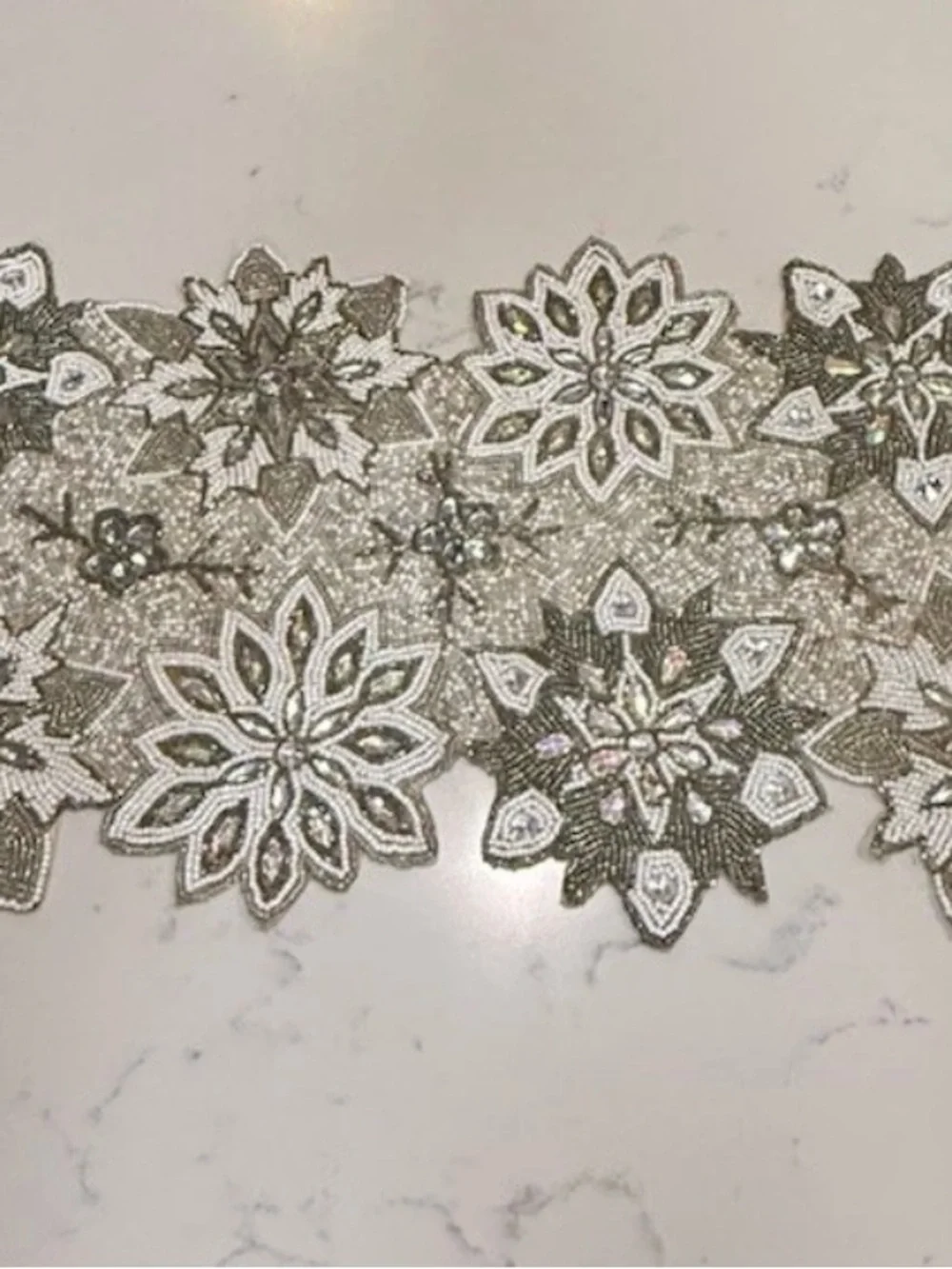 Pier 1 Imports Beaded Sequins Snow Flakes Winter Table Runner Silver Christmas
